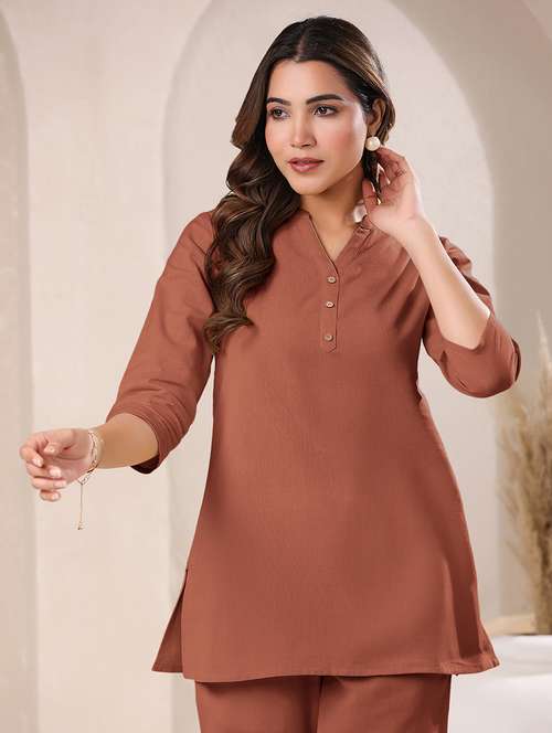 women rust three quarter sleeves straight kurti - 21842910 - Standard Image - 0