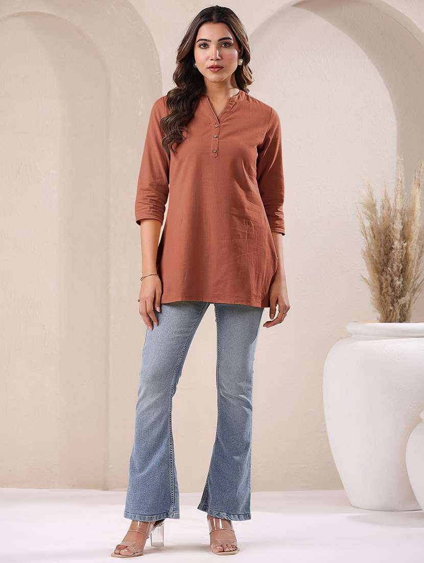 women rust three quarter sleeves straight kurti - 21842910 - Standard Image - 5