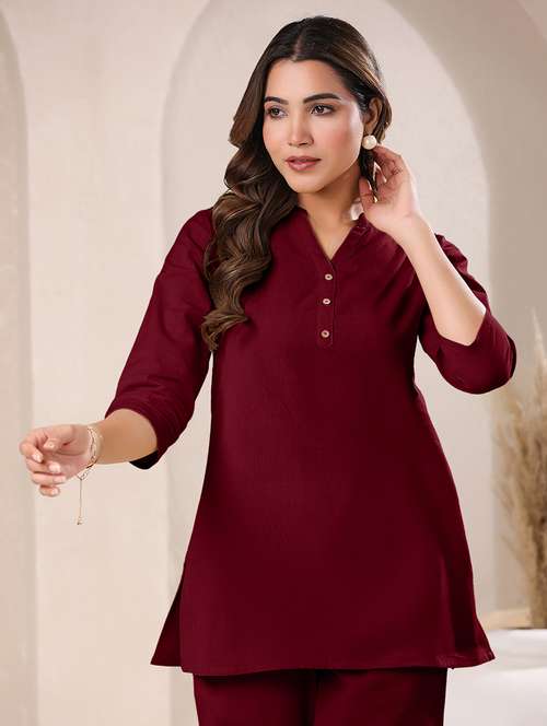women maroon three quarter sleeves straight kurti - 21842911 - Standard Image - 0