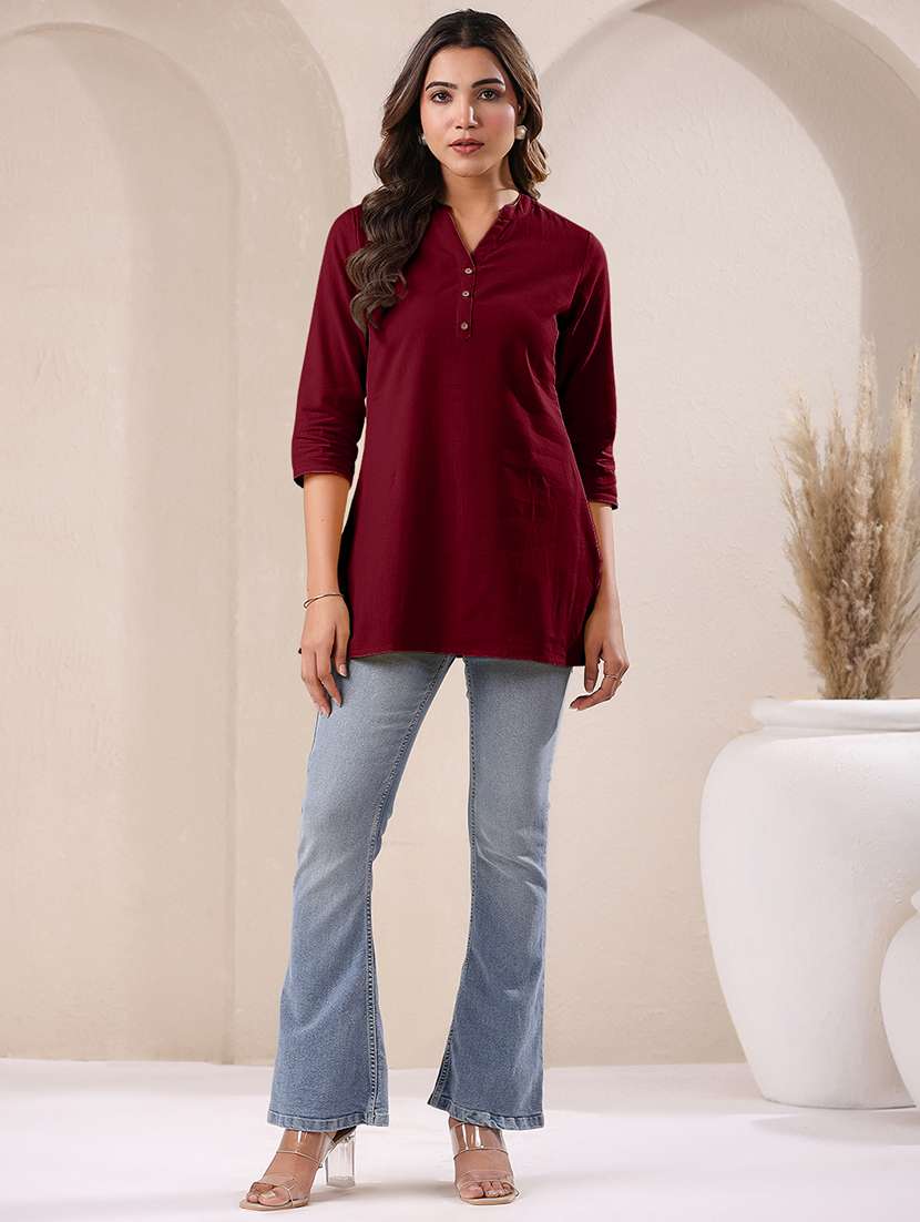women maroon three quarter sleeves straight kurti - 21842911 - Standard Image - 5