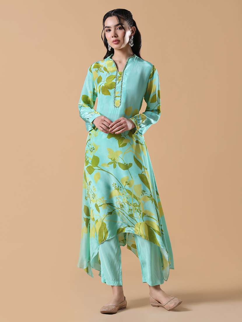 women light blue long sleeve kurta pant set