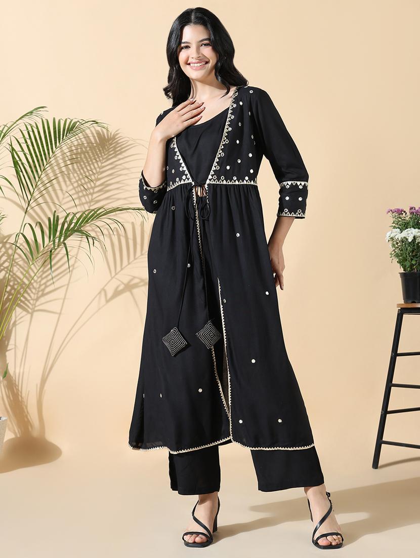 women black embroidered top pants set with jacket - 21842931 - Zoom Image - 0