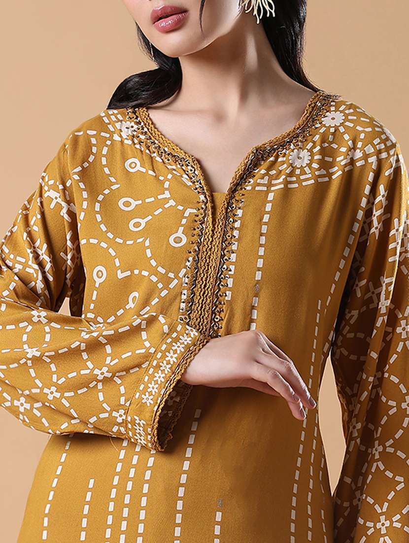 women mustard long sleeve kurta palazzo set - 21842961 -  Standard Image - 5