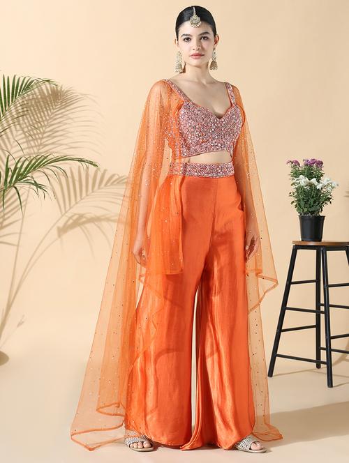 women orange embroidered long sleeve fusion set - 21842969 -  Standard Image - 0
