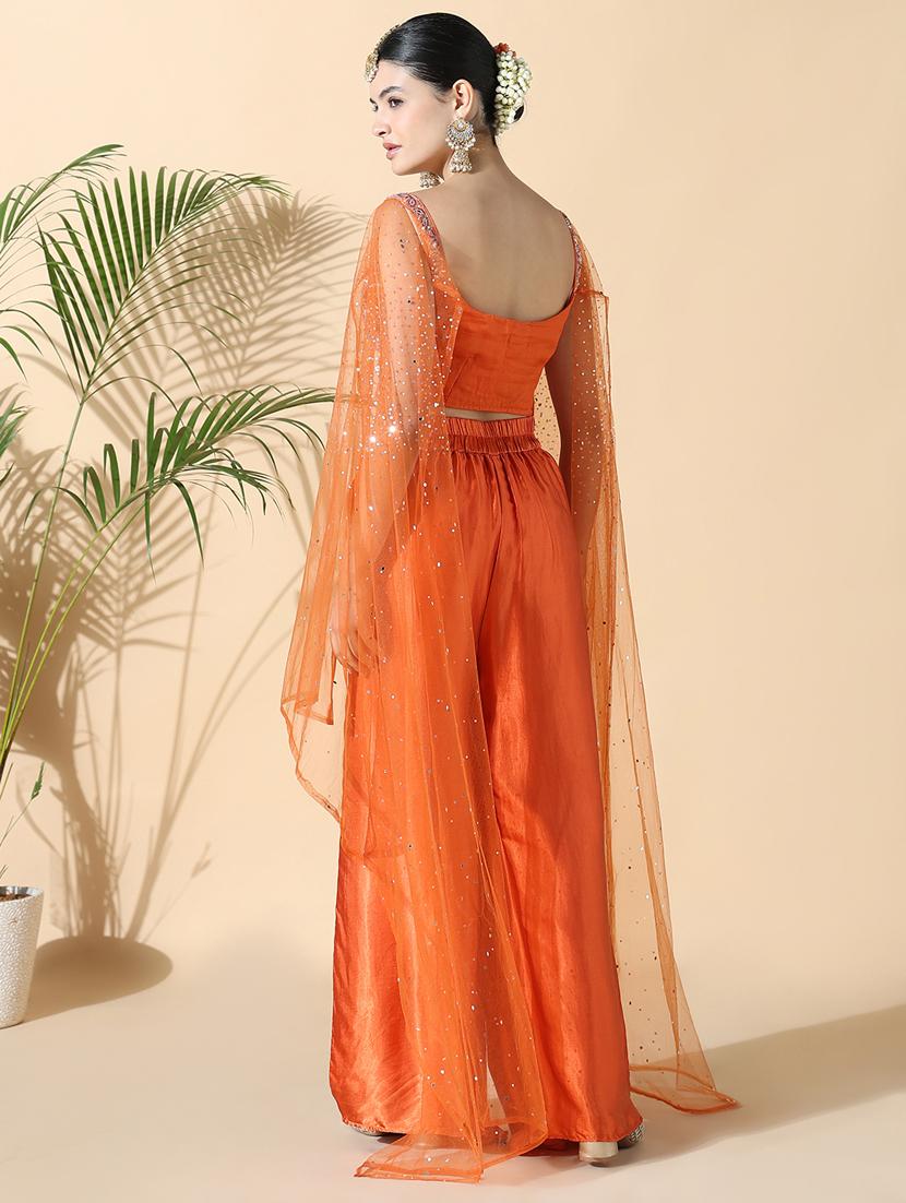 women orange embroidered long sleeve fusion set - 21842969 - Standard Image - 3