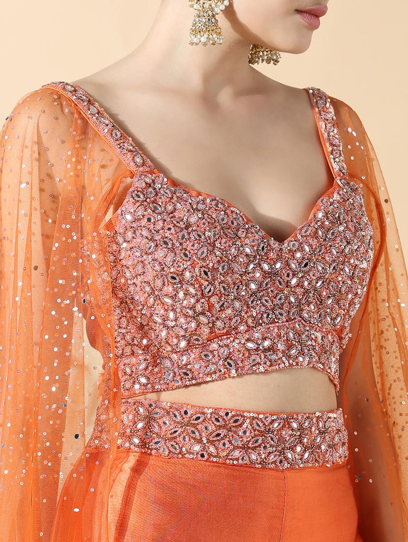 women orange embroidered long sleeve fusion set - 21842969 - Standard Image - 5