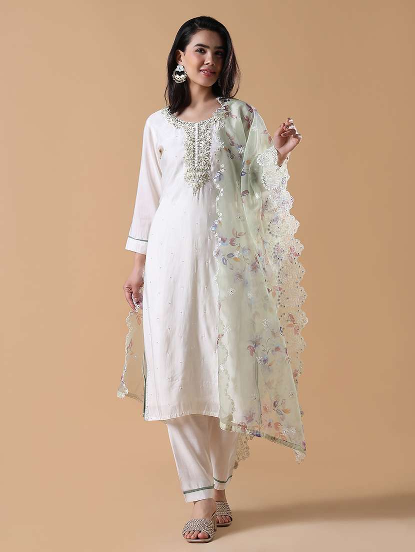 women three quarter sleeve kurta pant with dupatta set