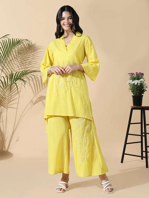 women yellow embroidered kurta palazzo set - 21842974 - Standard Image - 0