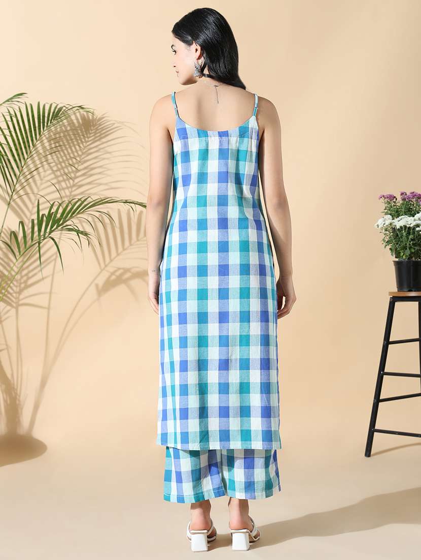 women blue checkered shoulder strap kurta pant set - 21842981 -  Standard Image - 3