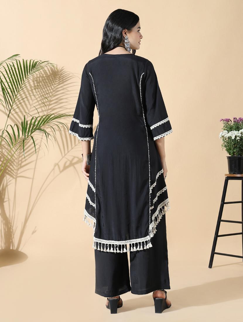 women black three quarter sleeve kurta palazzo set - 21842984 - Standard Image - 3