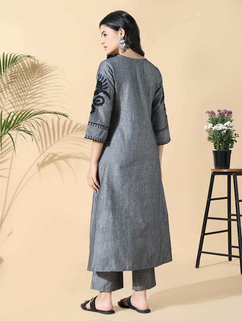 women grey three quarter sleeve kurta pant set - 21842985 -  Standard Image - 3