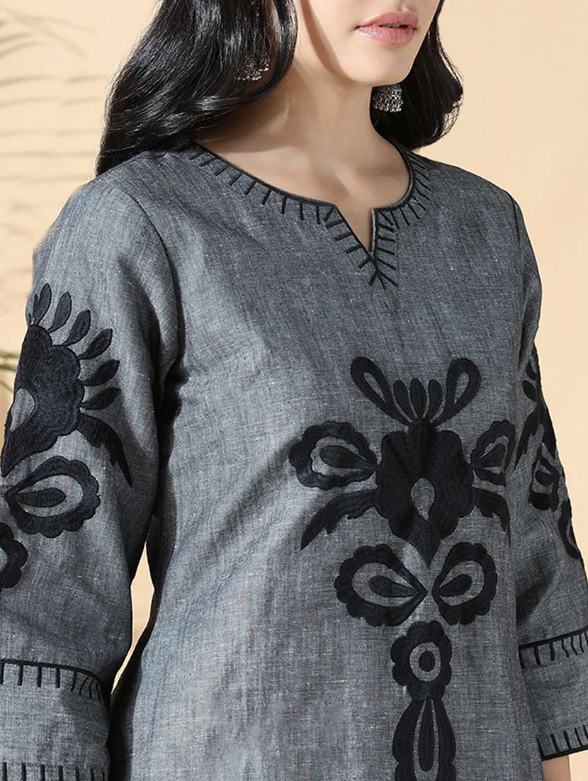 women grey three quarter sleeve kurta pant set - 21842985 -  Standard Image - 5