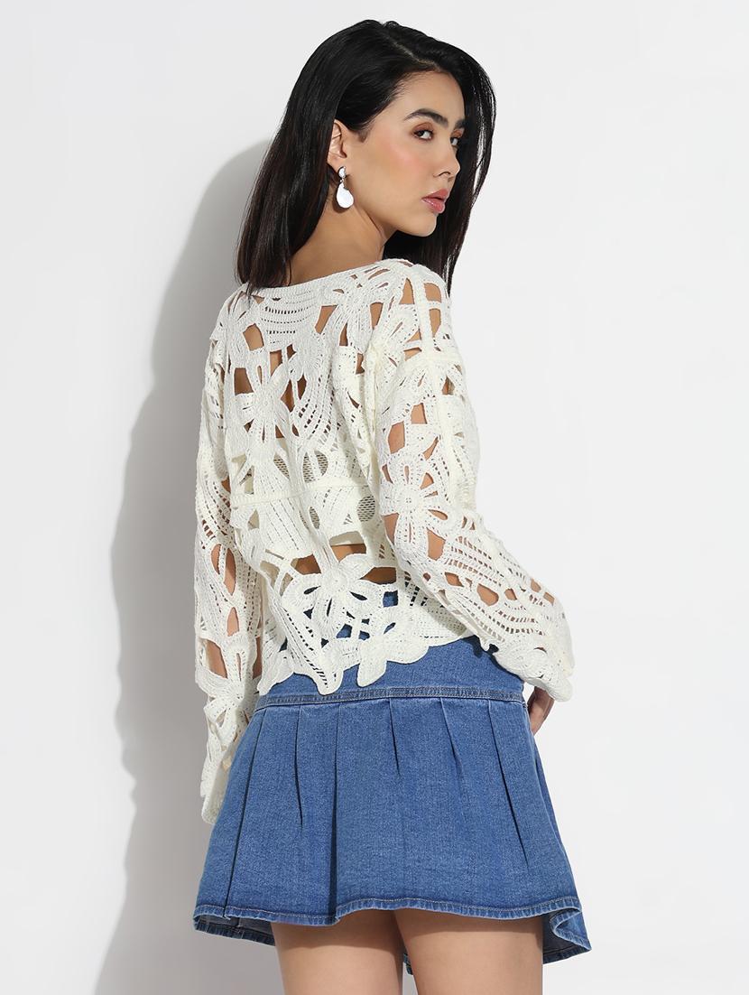 women long sleeves crochet crop top - 21842989 - Standard Image - 3