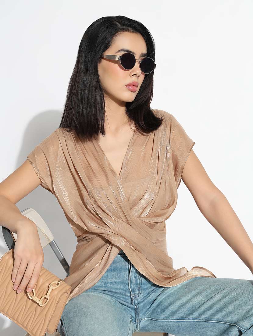 women solid overlap neck asymmetric top