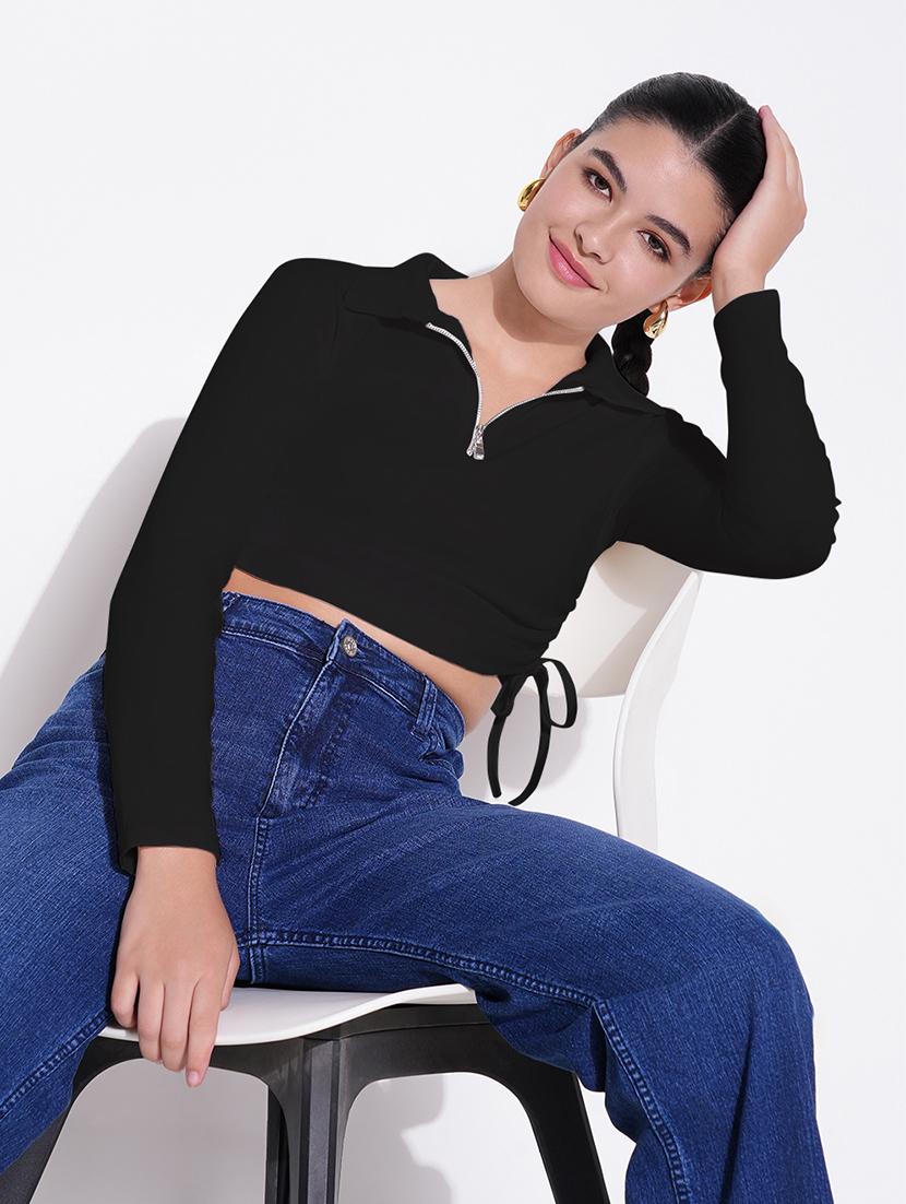 women solid collared ruched crop top - 21843006 - Zoom Image - 0