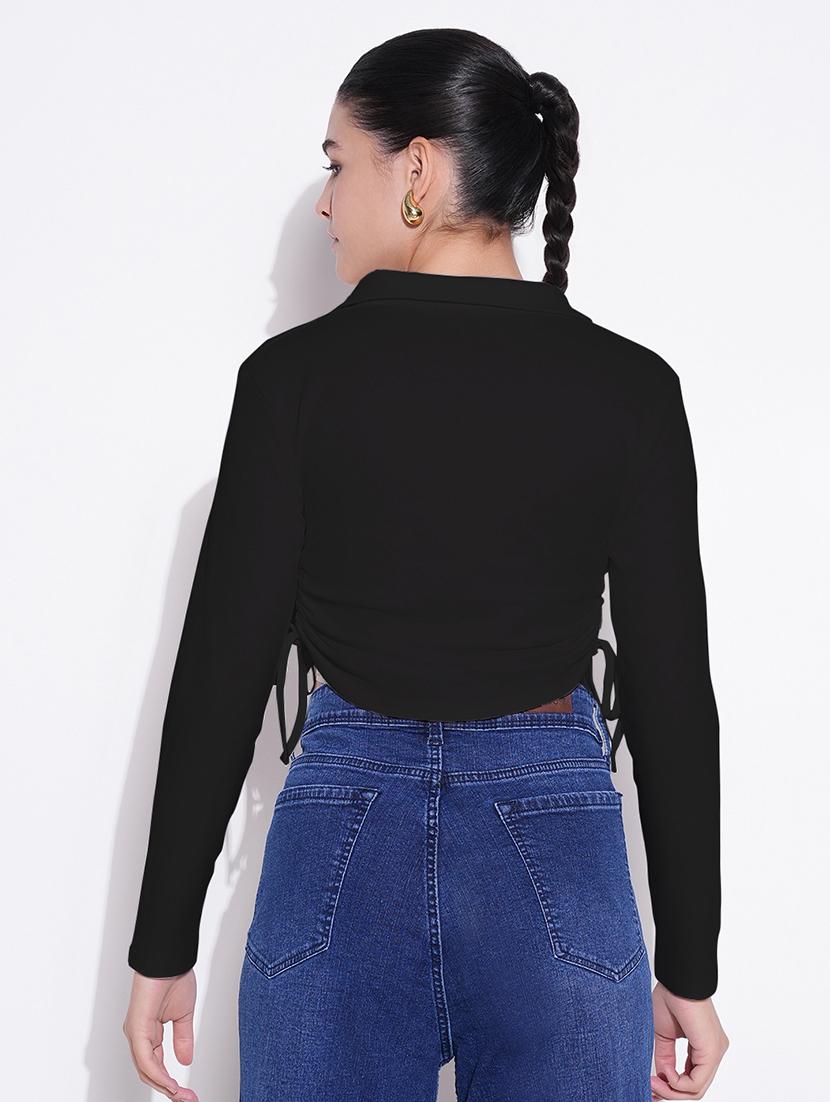 women solid collared ruched crop top - 21843006 - Standard Image - 3