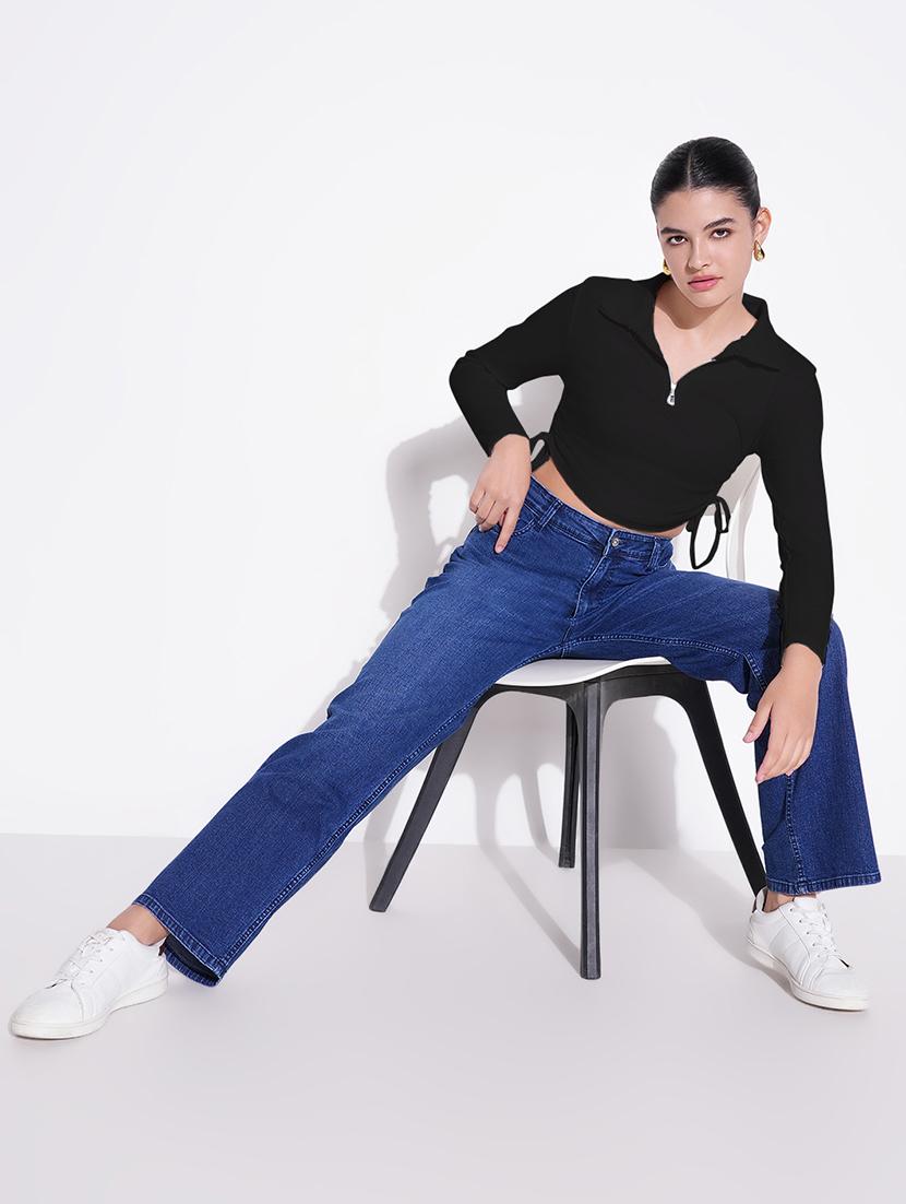 women solid collared ruched crop top - 21843006 - Standard Image - 5