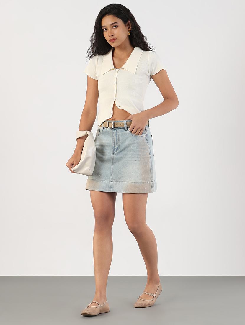 women solid collared short sleeves crop top - 21843046 - Standard Image - 5