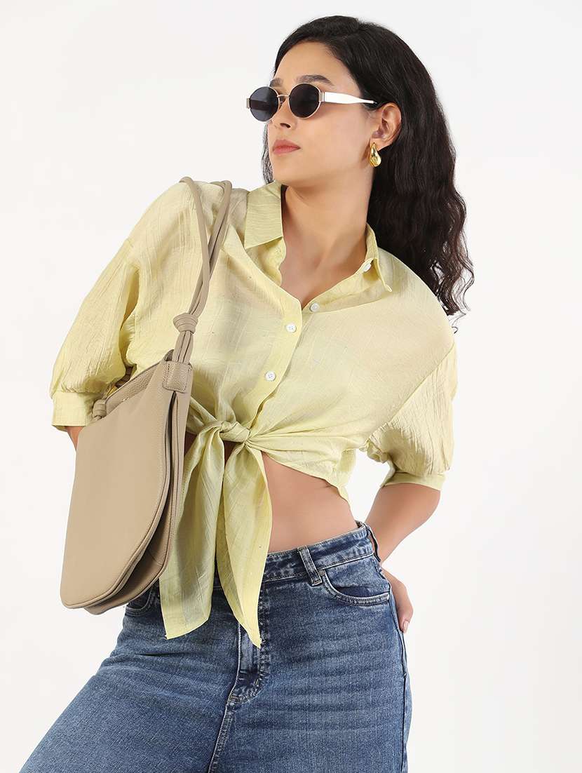 women solid puff sleeves crop shirt - 21843093 -  Zoom Image - 0