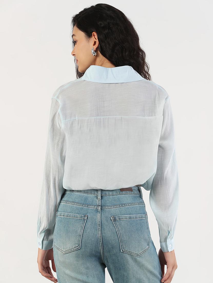 women solid collared long sleeves crop shirt - 21843110 - Standard Image - 3