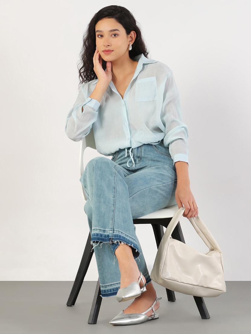 women solid collared long sleeves crop shirt - 21843110 - Standard Image - 5