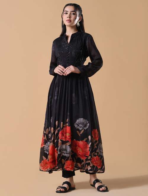 women black embroidered long sleeve flared kurta  - 21843124 -  Standard Image - 0