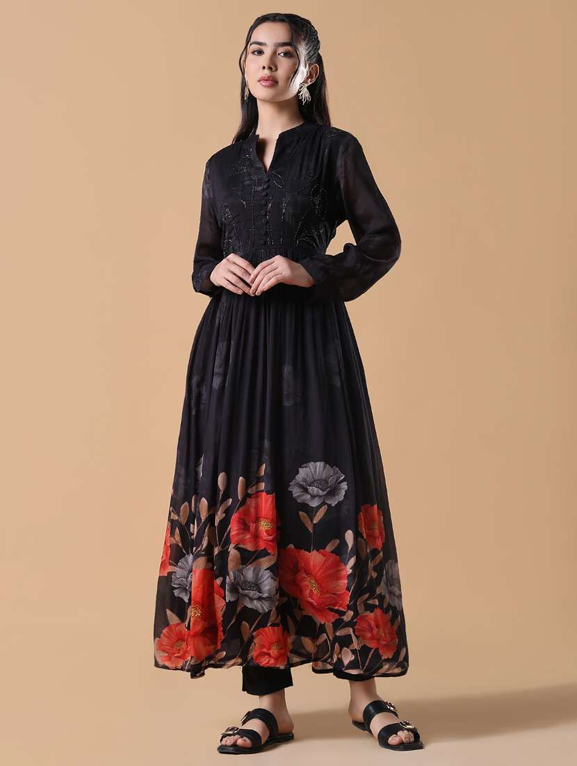 women black embroidered long sleeve flared kurta  - 21843124 -  Zoom Image - 0