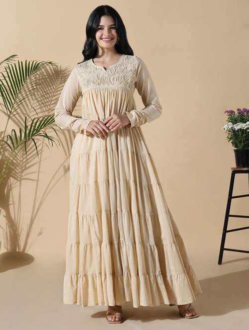 women beige embroidered long sleeve anarkali kurta - 21843134 -  Standard Image - 0