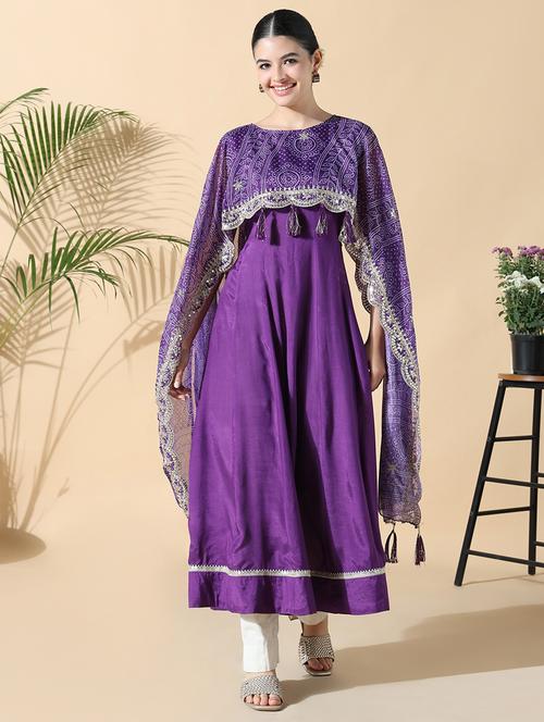women purple solid cape sleeve flared kurta - 21843143 - Standard Image - 0