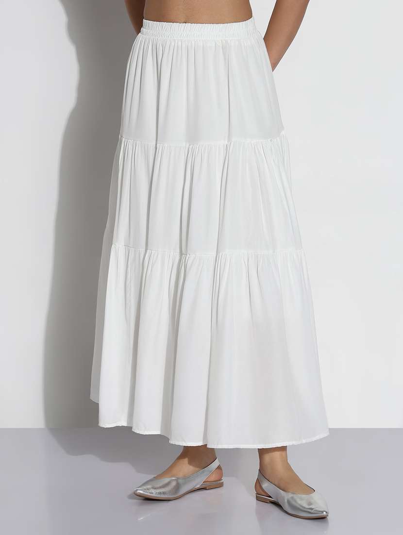 women solid high rise tiered skirt