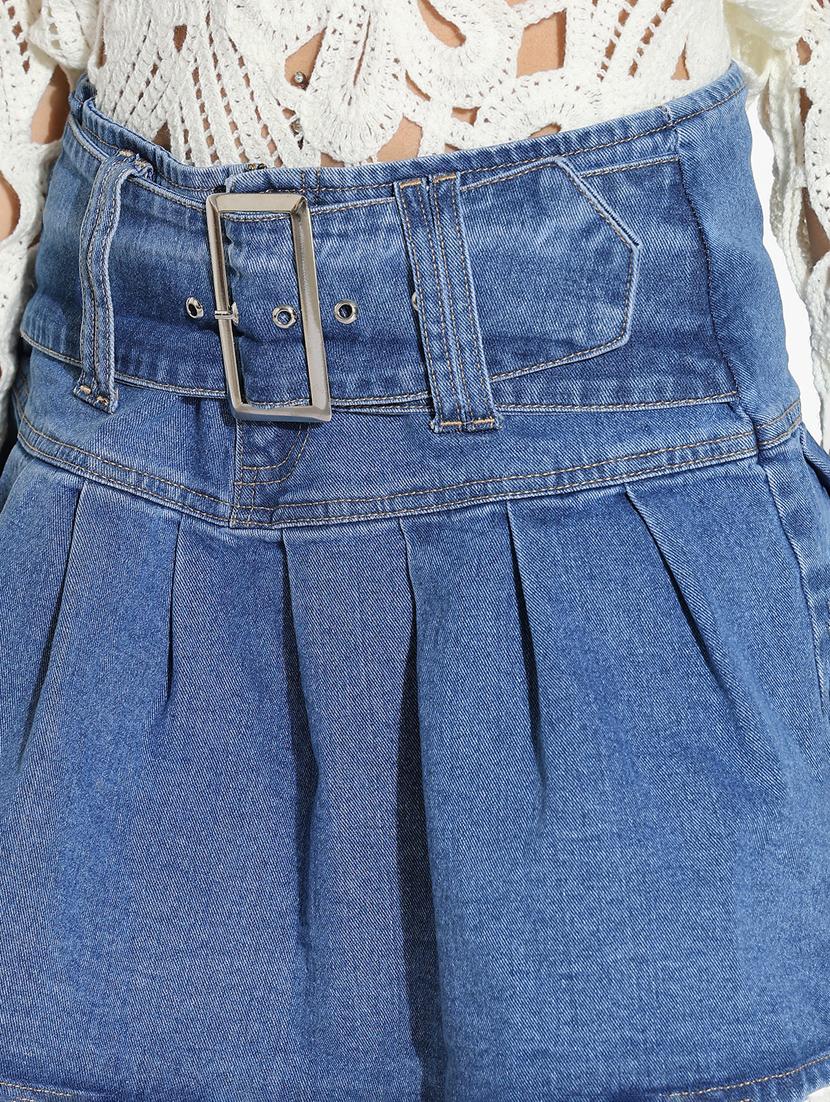 women solid high rise pleated denim skirt - 21843158 - Standard Image - 5