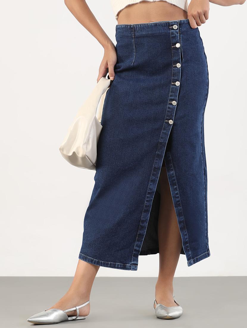 women solid high rise denim skirt - 21843164 - Zoom Image - 0