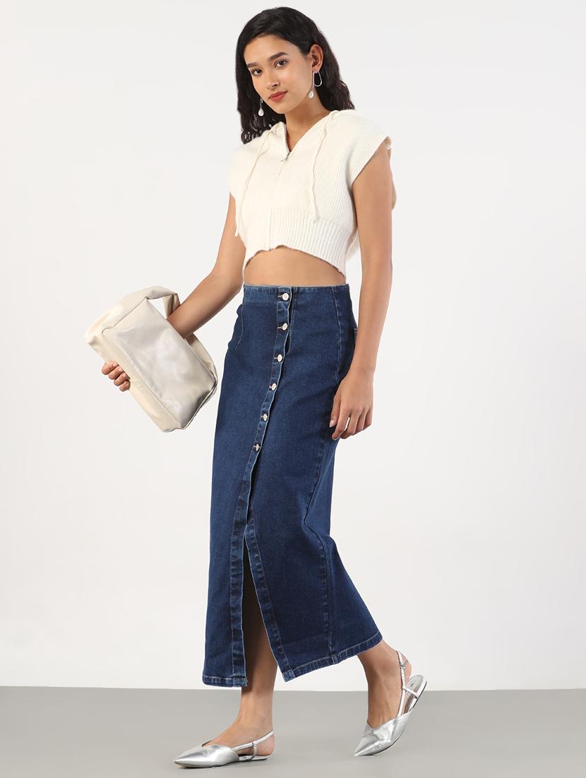 women solid high rise denim skirt - 21843164 - Standard Image - 5