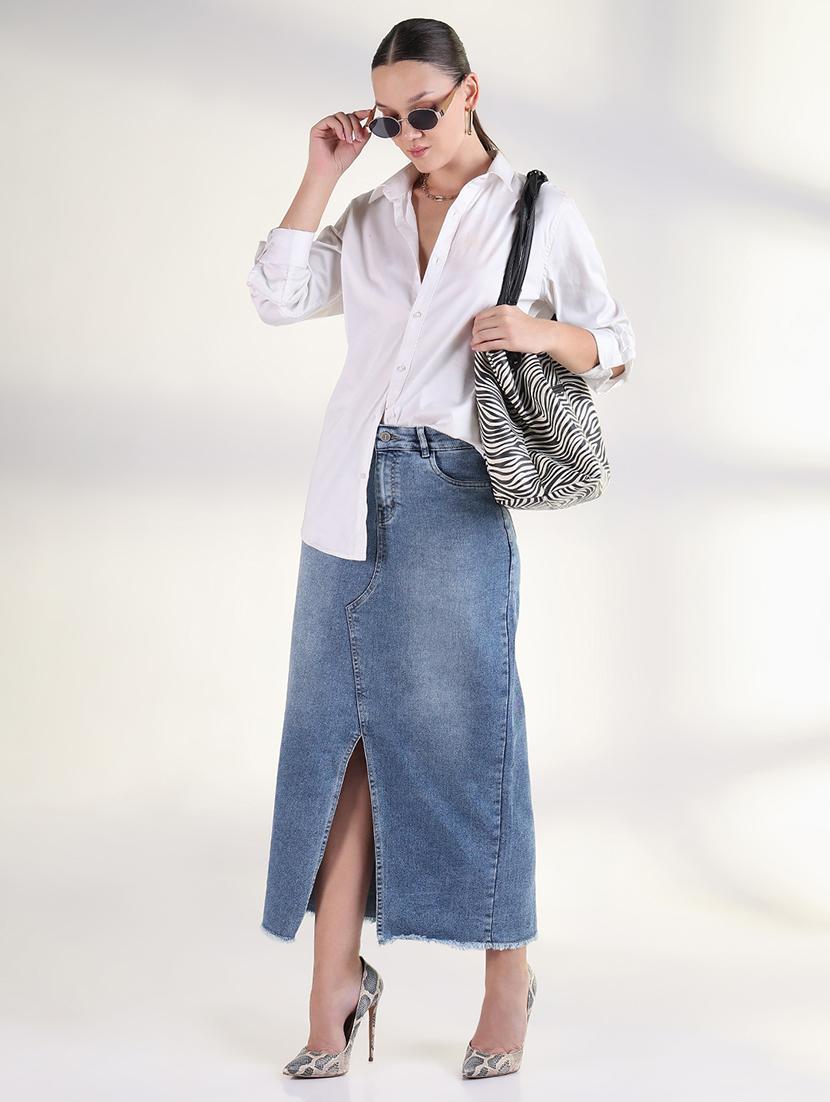 women solid mid irse denim skirt - 21843347 - Standard Image - 5