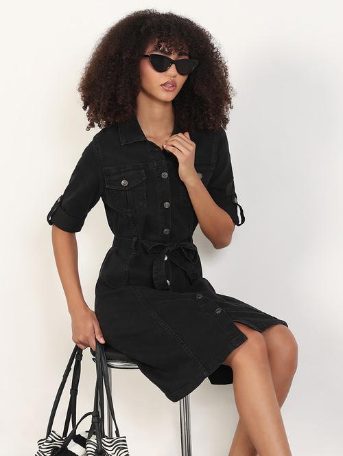 women solid roll-up sleeves collared shirt dress - 21843356 -  Standard Image - 0