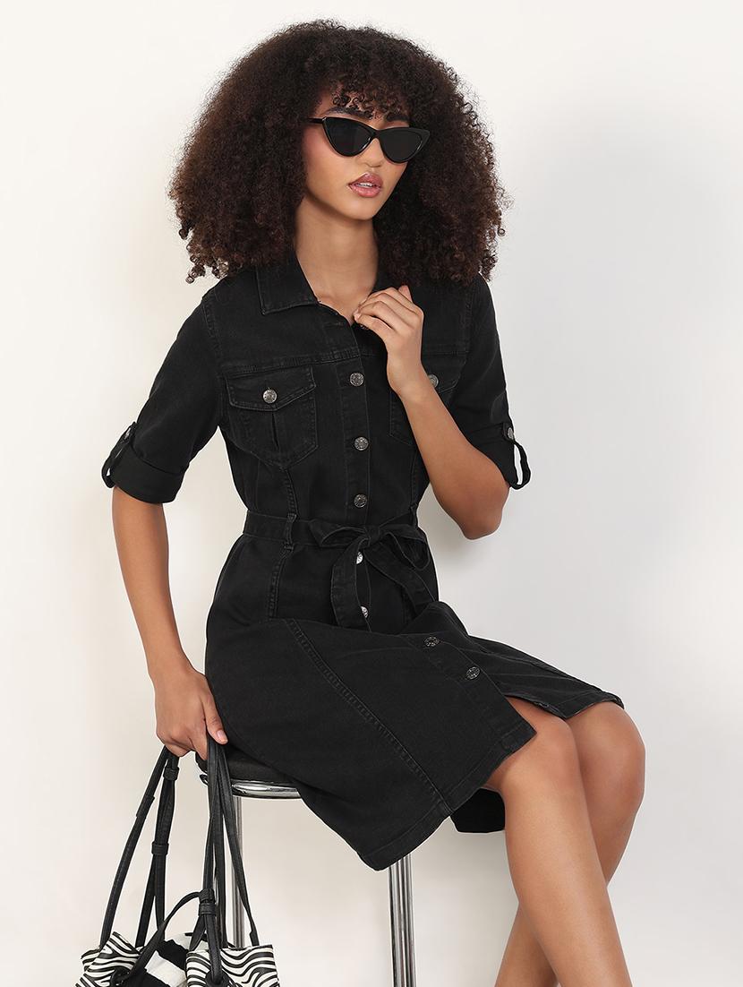 women solid roll-up sleeves collared shirt dress - 21843356 -  Zoom Image - 0