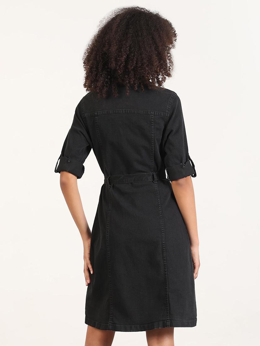women solid roll-up sleeves collared shirt dress - 21843356 - Standard Image - 3