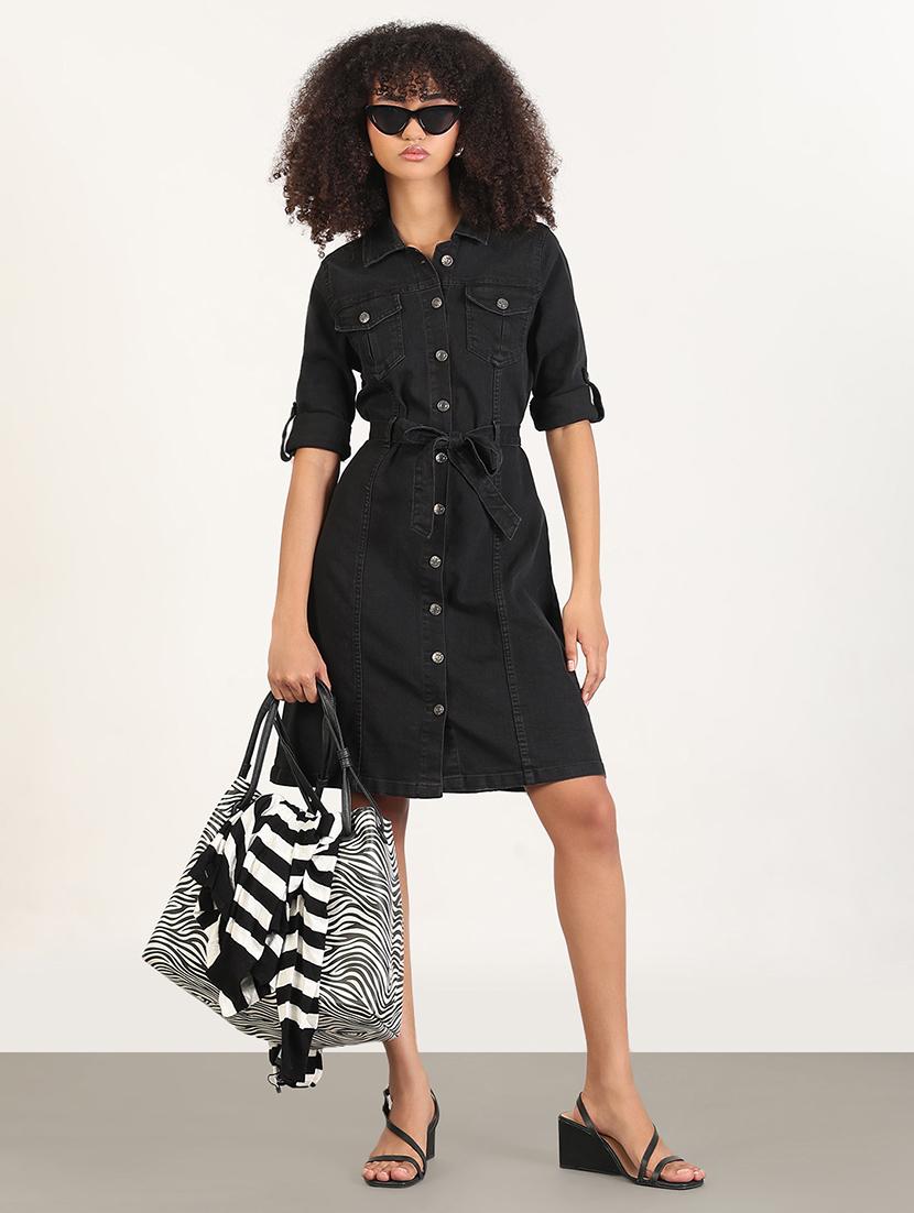 women solid roll-up sleeves collared shirt dress - 21843356 - Standard Image - 5