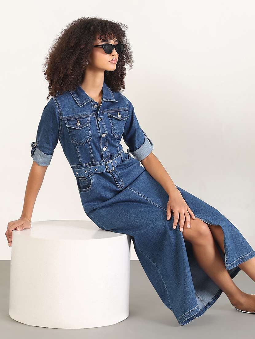women collared roll-up sleeves denim dress - 21843357 -  Standard Image - 5