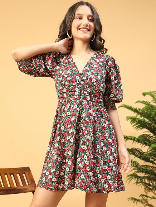 women floralprint puff sleeves fit & flare dress - 21843440 - Standard Image - 0