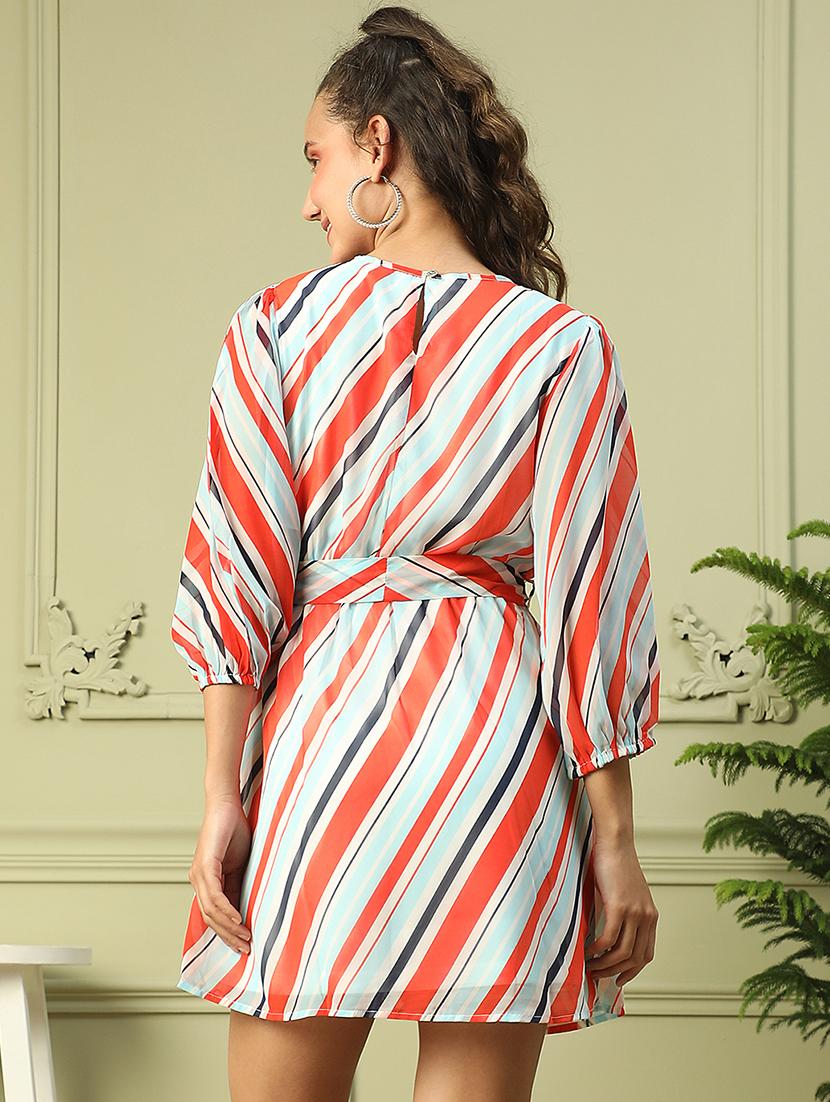 women striped puff sleeves a-line dress - 21843441 - Standard Image - 3