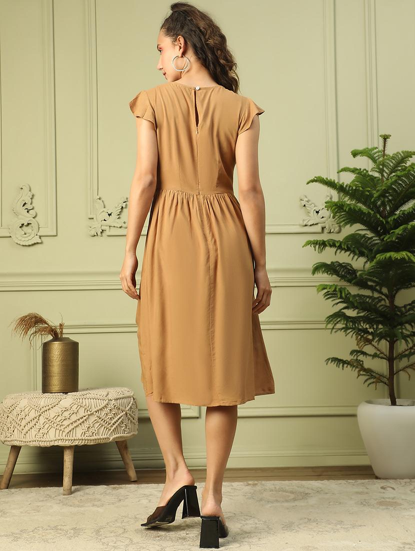 women solid flute sleeves fit & flare dress - 21843445 - Standard Image - 3