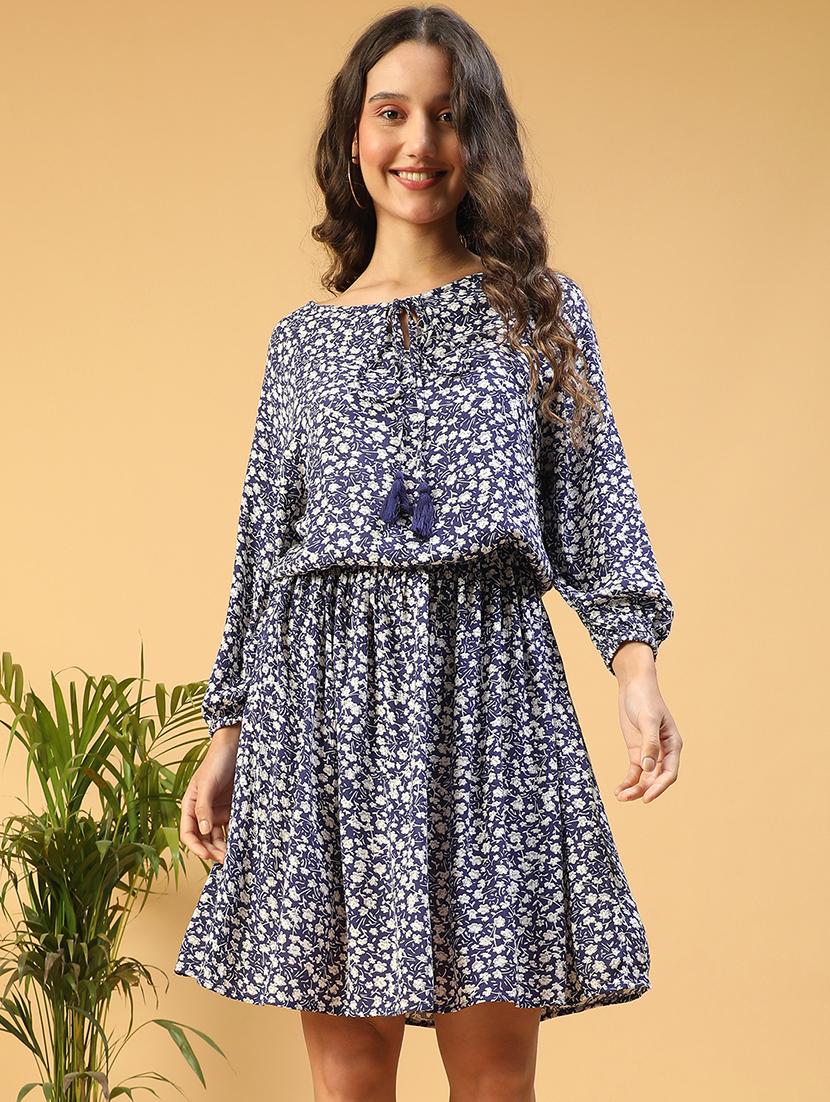 women floral print tie up neck fit & flared dress - 21843446 - Zoom Image - 0
