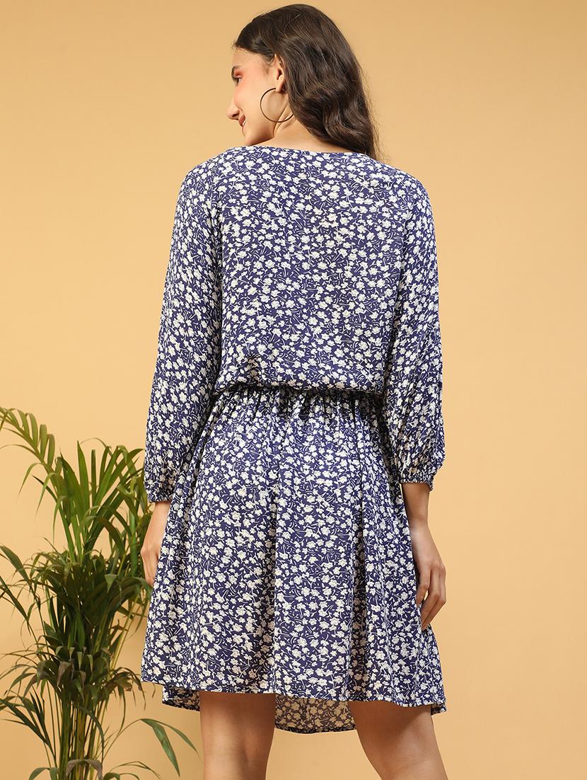women floral print tie up neck fit & flared dress - 21843446 - Standard Image - 3