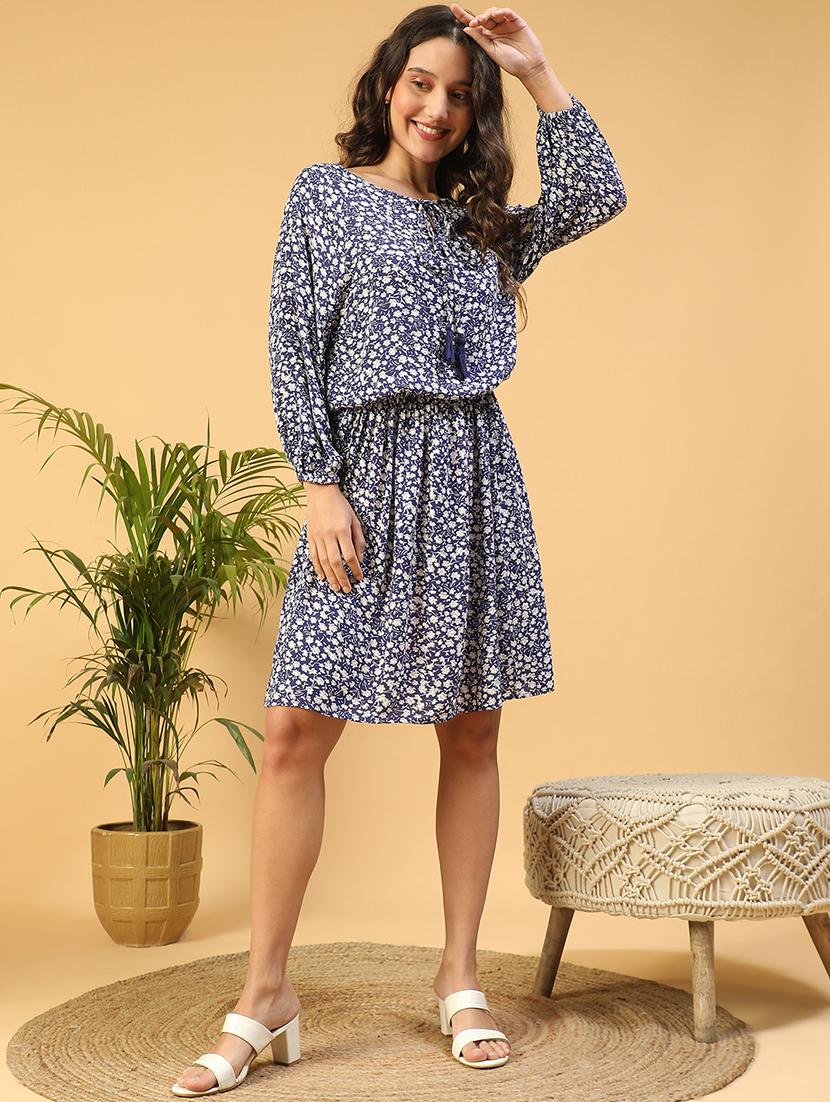 women floral print tie up neck fit & flared dress - 21843446 - Standard Image - 5