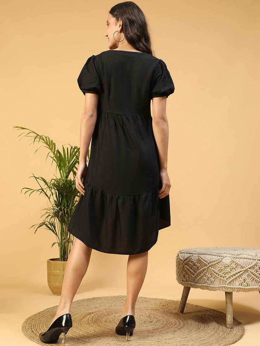 women solid puff sleeves tiered dress - 21843449 - Standard Image - 3