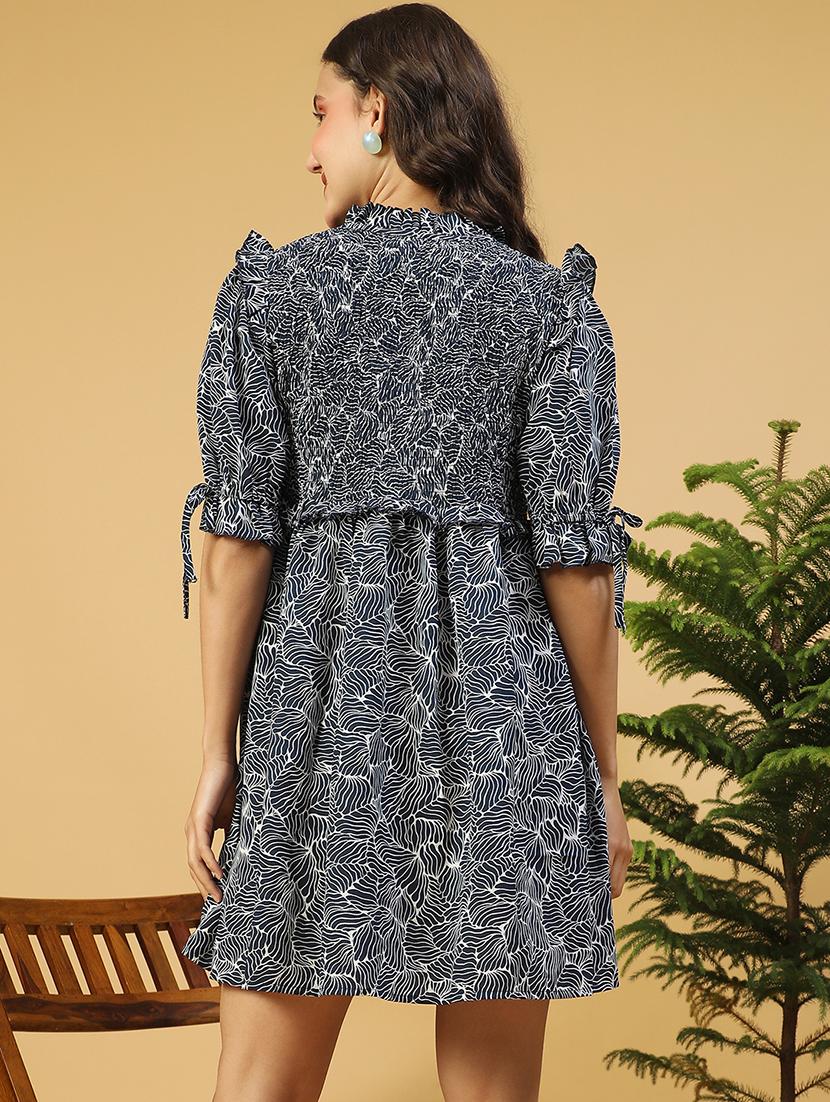women printed tie-up neck puff sleeves a-line dress - 21843451 - Standard Image - 3
