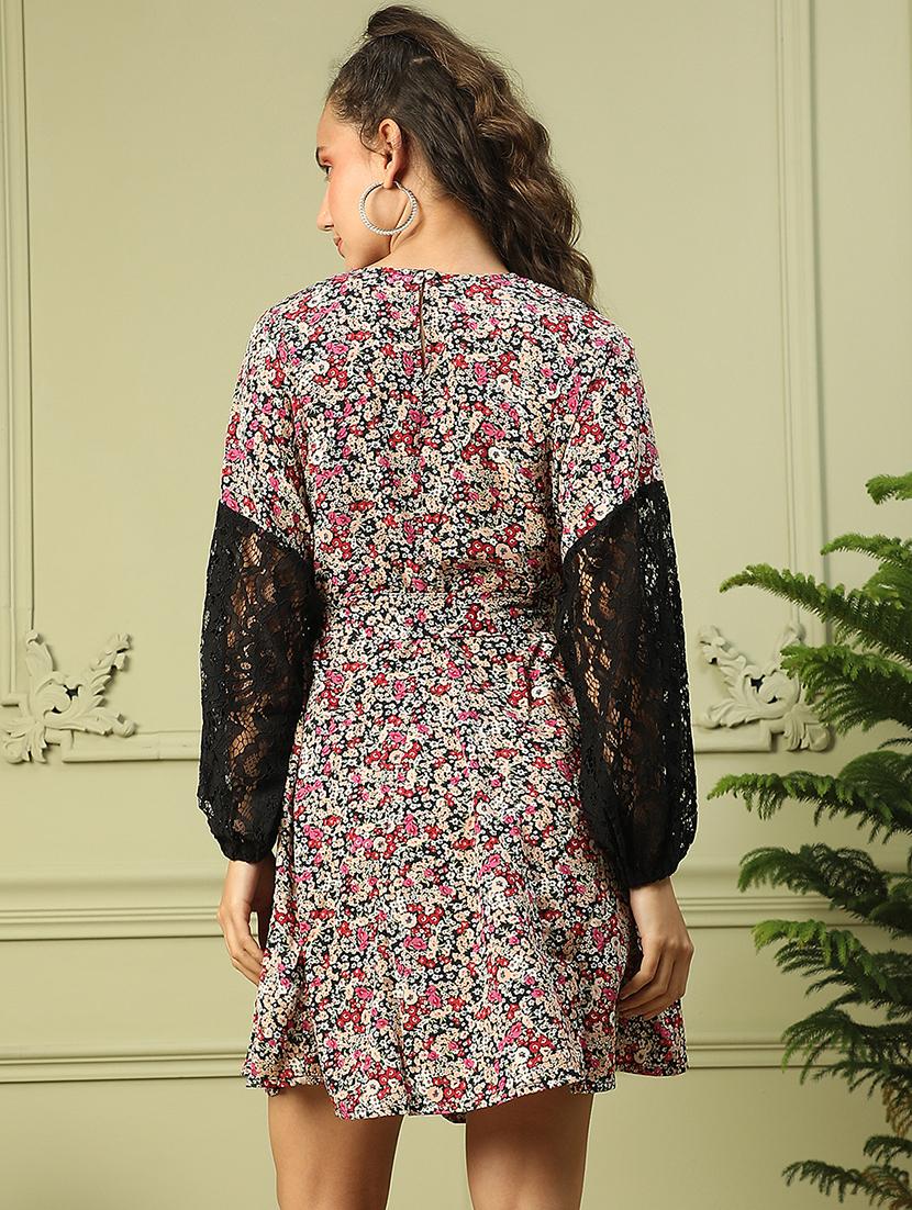 women floral print puff sleeves fit & flared dress - 21843459 - Standard Image - 3