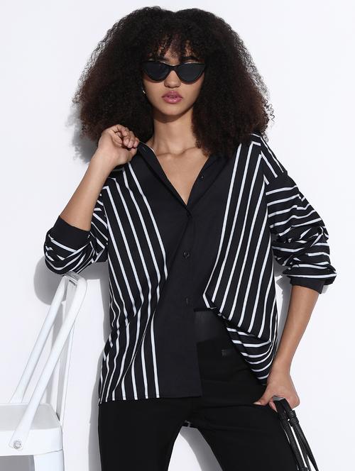 women striped collared oversized shirt - 21843481 - Standard Image - 0