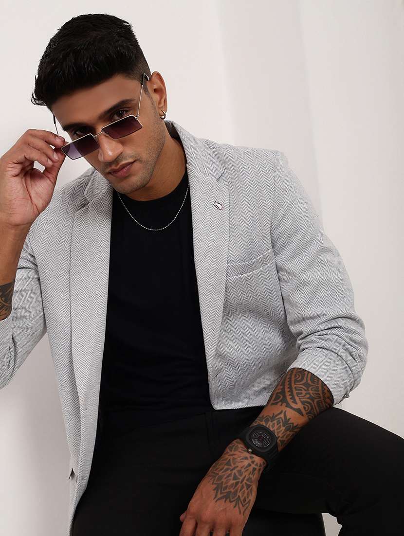 men grey long sleeve single breasted casual blazer